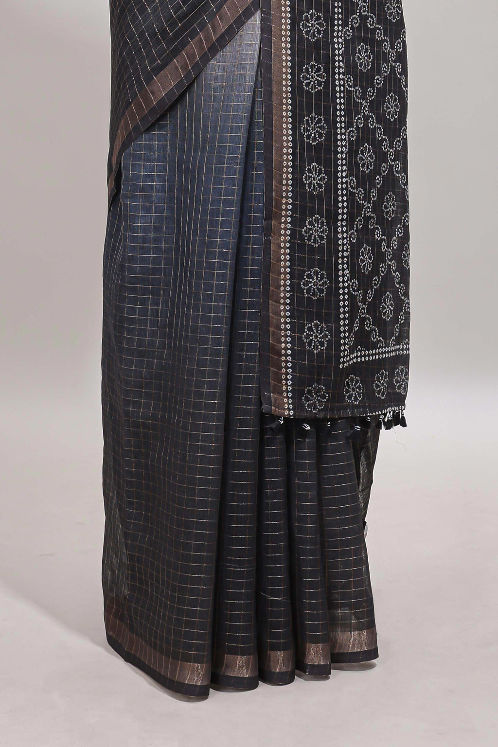 Cream & black dual shade checked chanderi cotton saree with self zari border and blouse