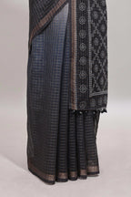 Cream & black dual shade checked chanderi cotton saree with self zari border and blouse