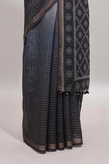 Cream & black dual shade checked chanderi cotton saree with self zari border and blouse