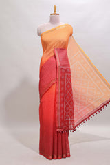 Orange & red dual shade checked chanderi cotton saree with self zari border and blouse