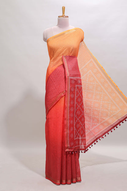 Orange & red dual shade checked chanderi cotton saree with self zari border and blouse