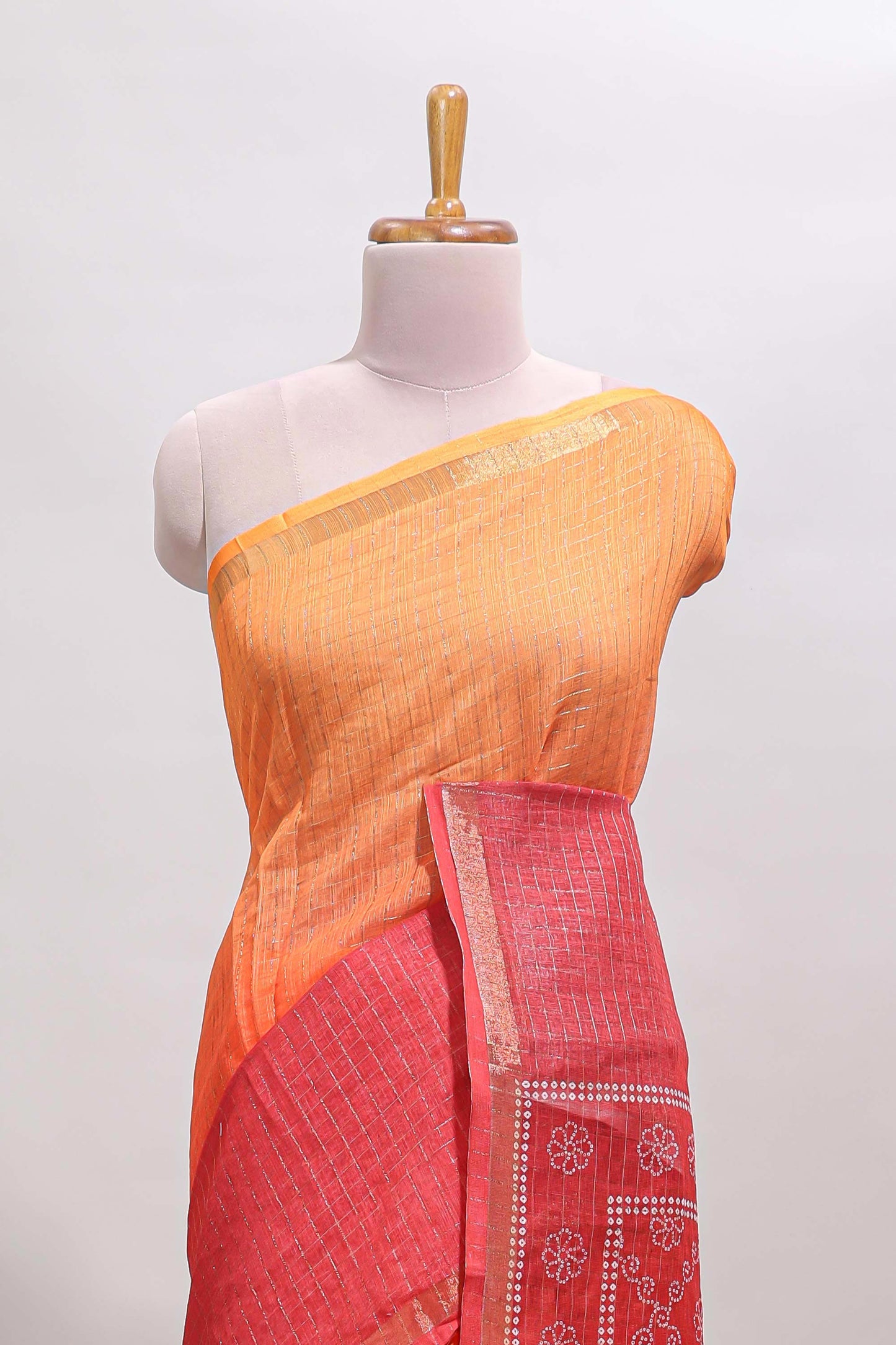 Orange & red dual shade checked chanderi cotton saree with self zari border and blouse