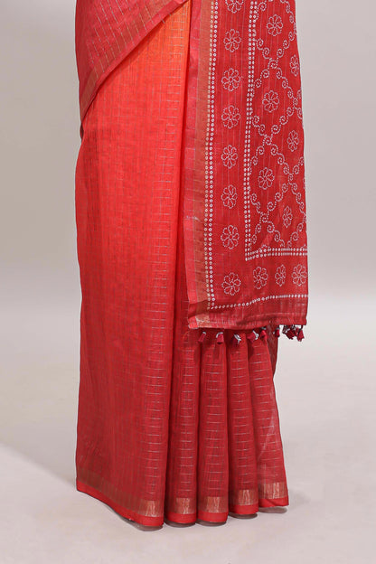 Orange & red dual shade checked chanderi cotton saree with self zari border and blouse