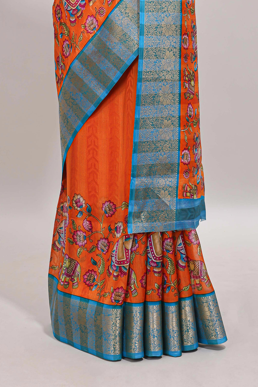 Orange striped kalamkari design chanderi cotton with contrast zai border and self pallu