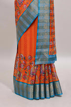 Orange striped kalamkari design chanderi cotton with contrast zai border and self pallu
