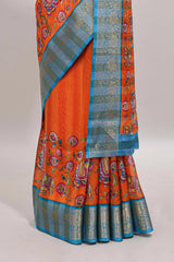 Orange striped kalamkari design chanderi cotton with contrast zai border and self pallu