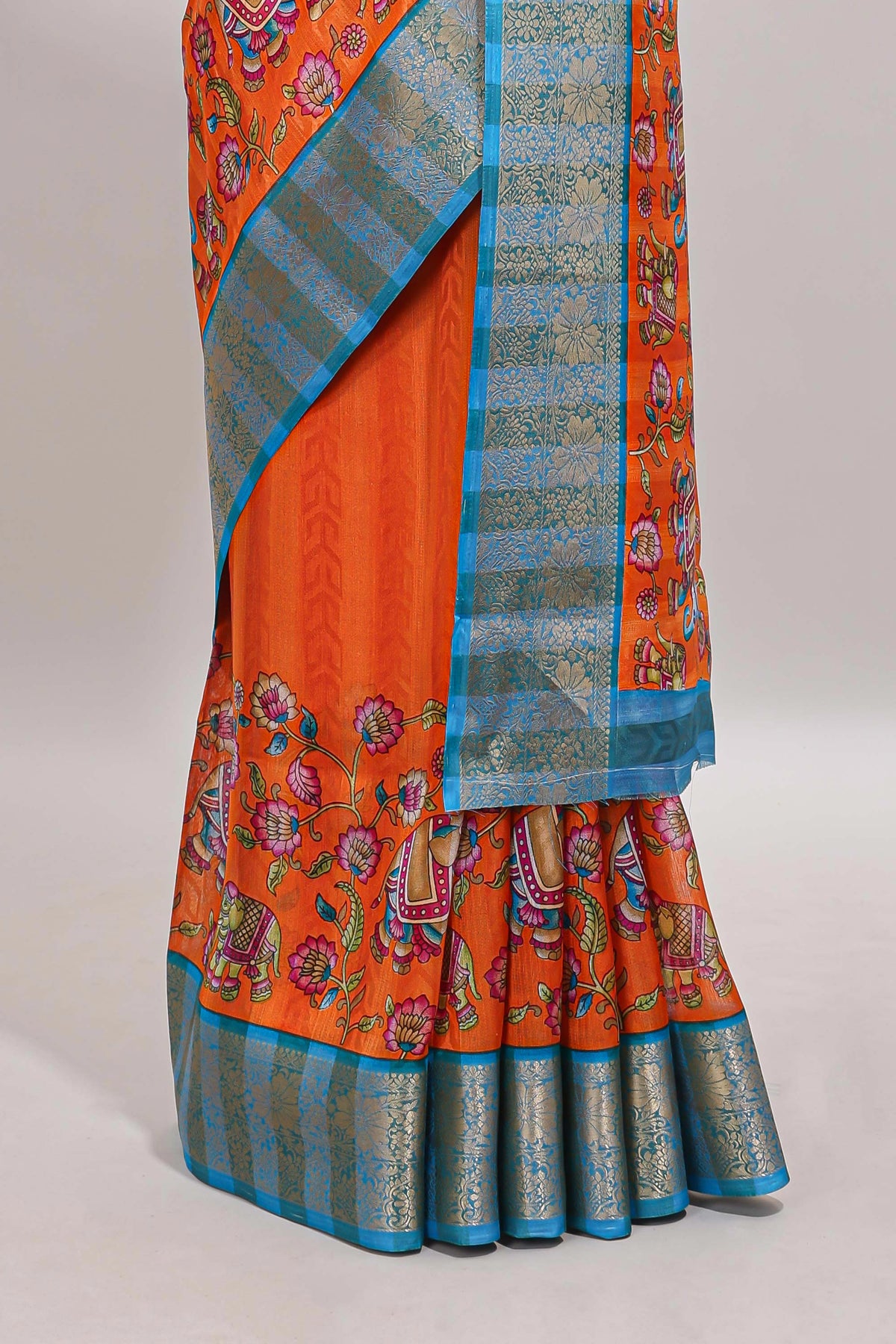 Orange striped kalamkari design chanderi cotton with contrast zai border and self pallu