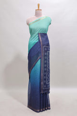 Turquoise green & blue dual shade checked chanderi cotton saree with self zari border and blouse