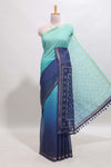 Turquoise green & blue dual shade checked chanderi cotton saree with self zari border and blouse
