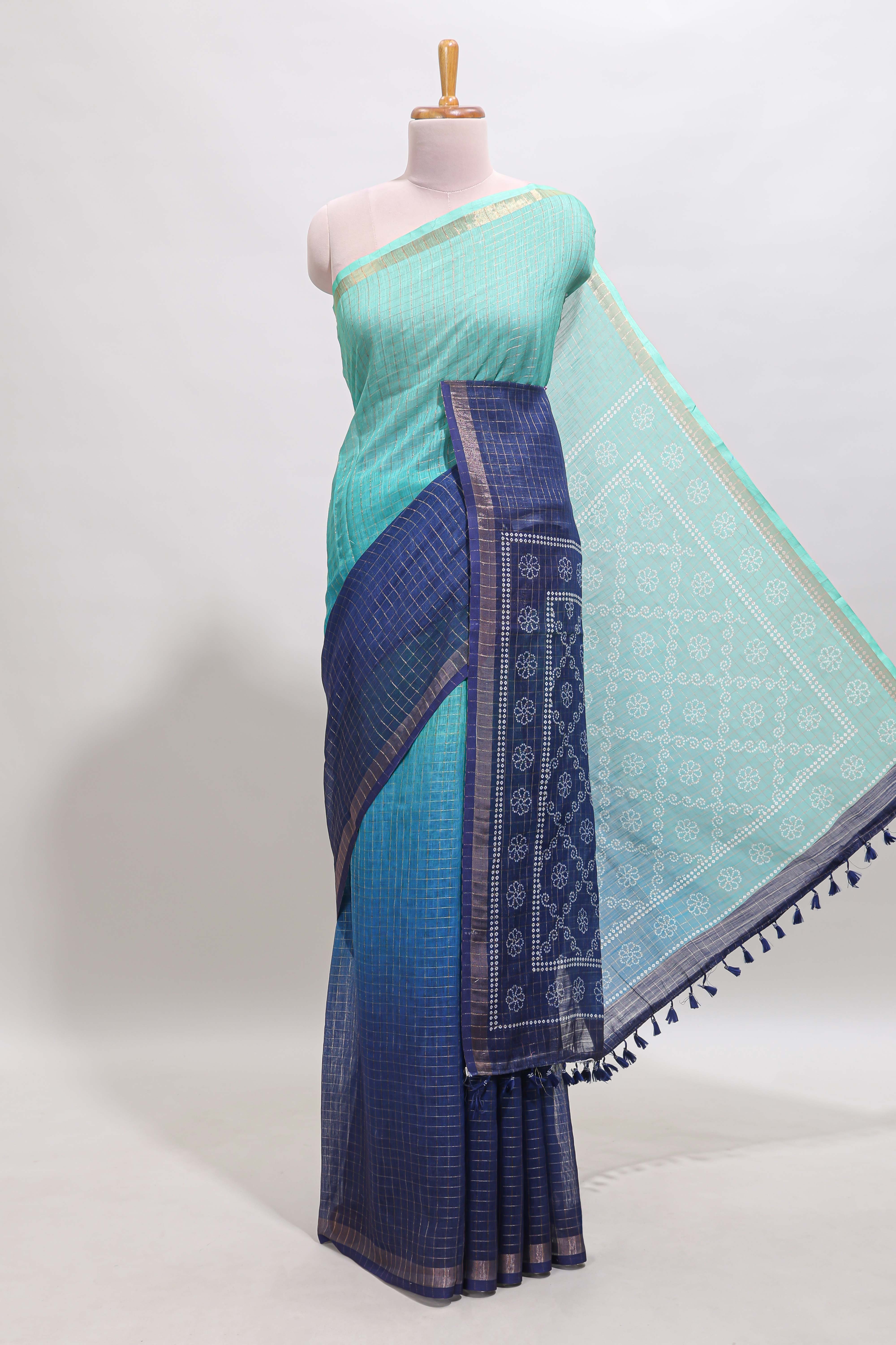 Turquoise green & blue dual shade checked chanderi cotton saree with self zari border and blouse