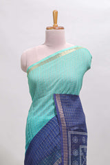 Turquoise green & blue dual shade checked chanderi cotton saree with self zari border and blouse