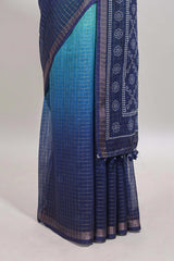 Turquoise green & blue dual shade checked chanderi cotton saree with self zari border and blouse