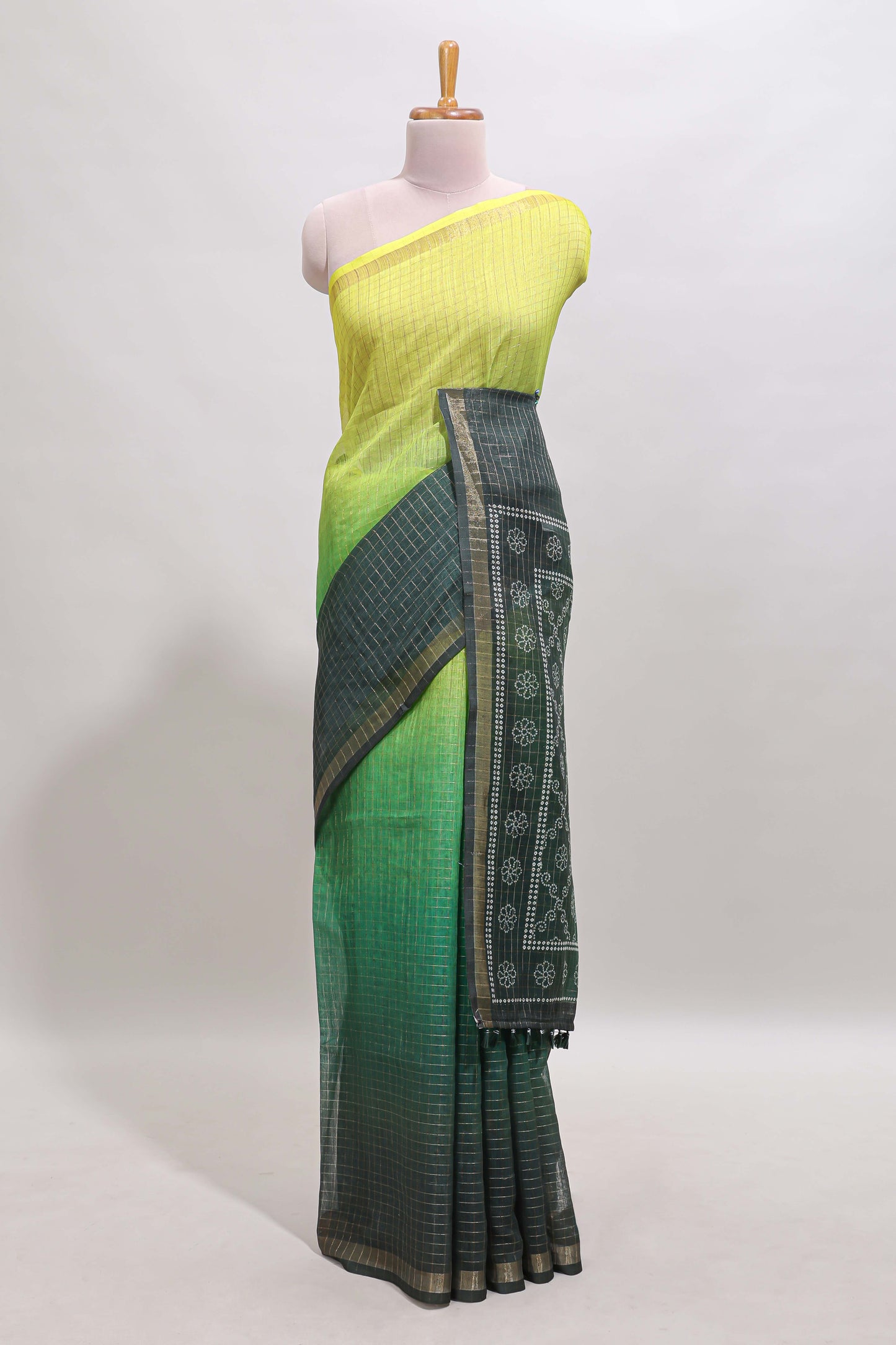 Yellow & green dual shade checked chanderi cotton saree with self zari border and blouse