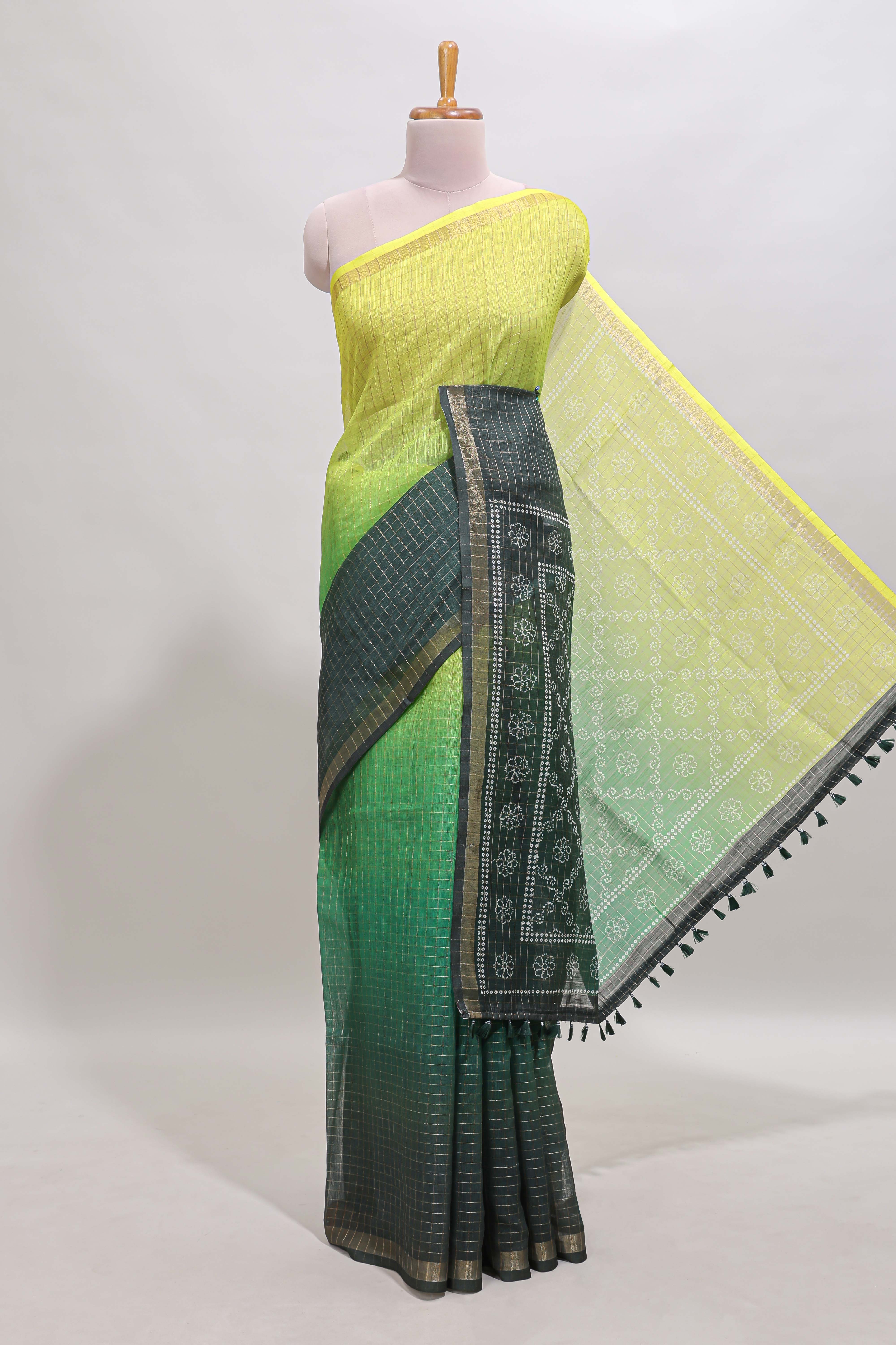 Yellow & green dual shade checked chanderi cotton saree with self zari border and blouse