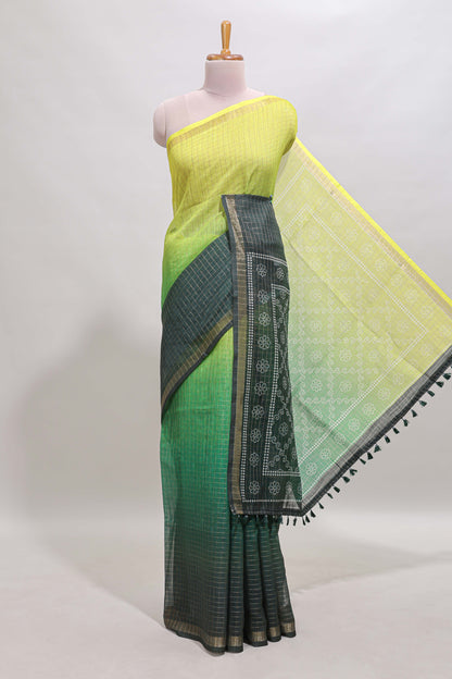 Yellow & green dual shade checked chanderi cotton saree with self zari border and blouse