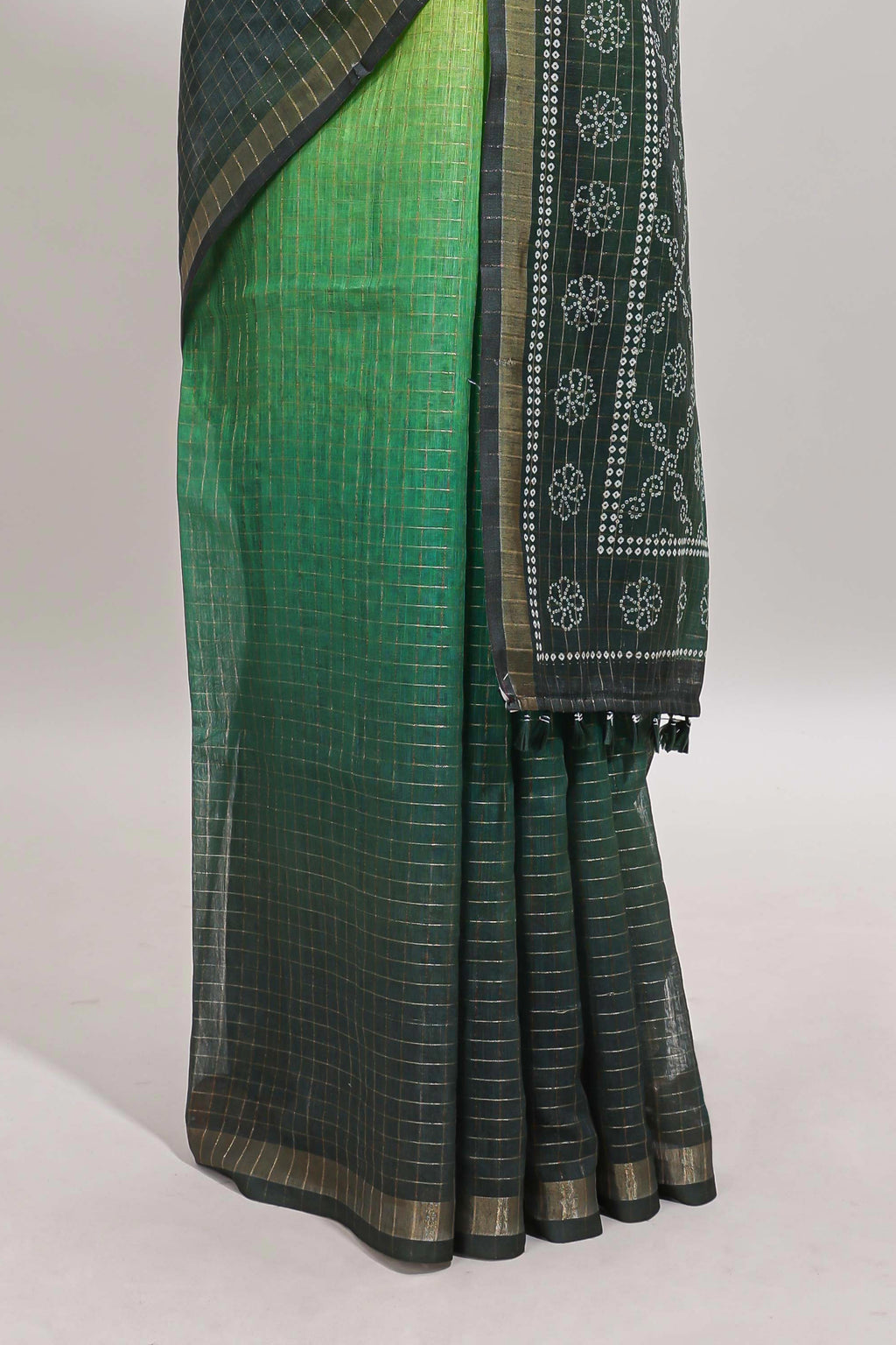 Yellow & green dual shade checked chanderi cotton saree with self zari border and blouse