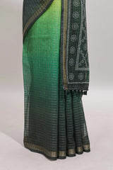 Yellow & green dual shade checked chanderi cotton saree with self zari border and blouse