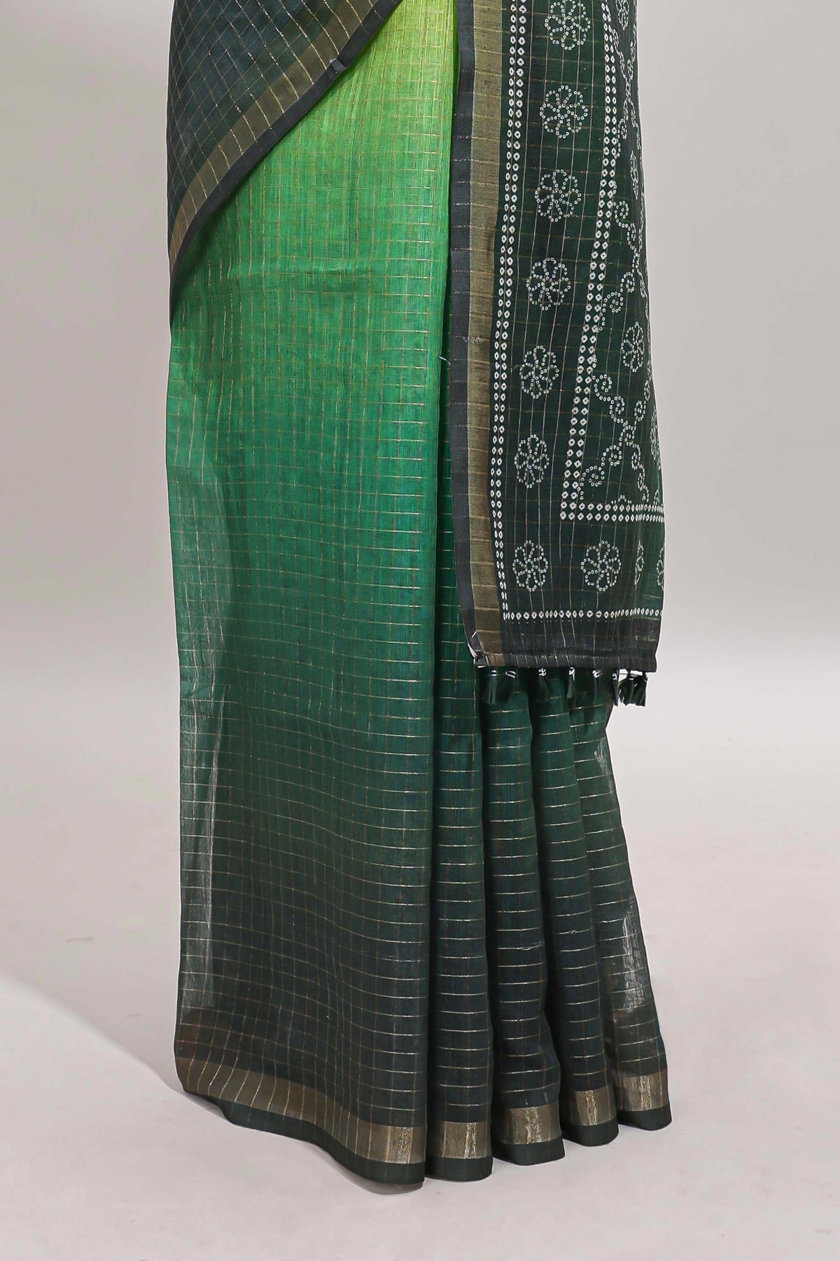 Yellow & green dual shade checked chanderi cotton saree with self zari border and blouse