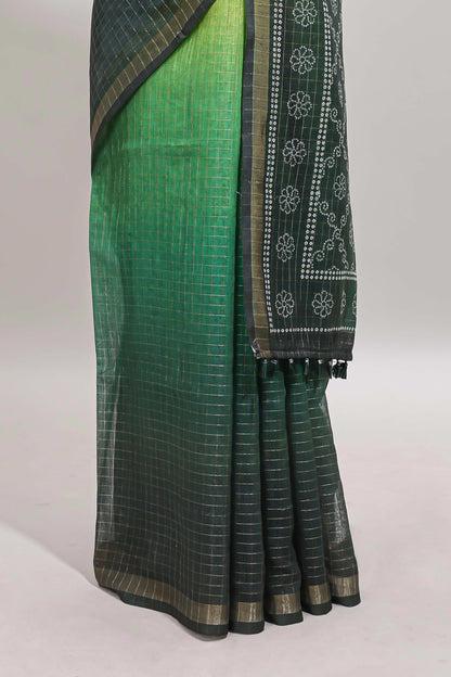 Yellow & green dual shade checked chanderi cotton saree with self zari border and blouse