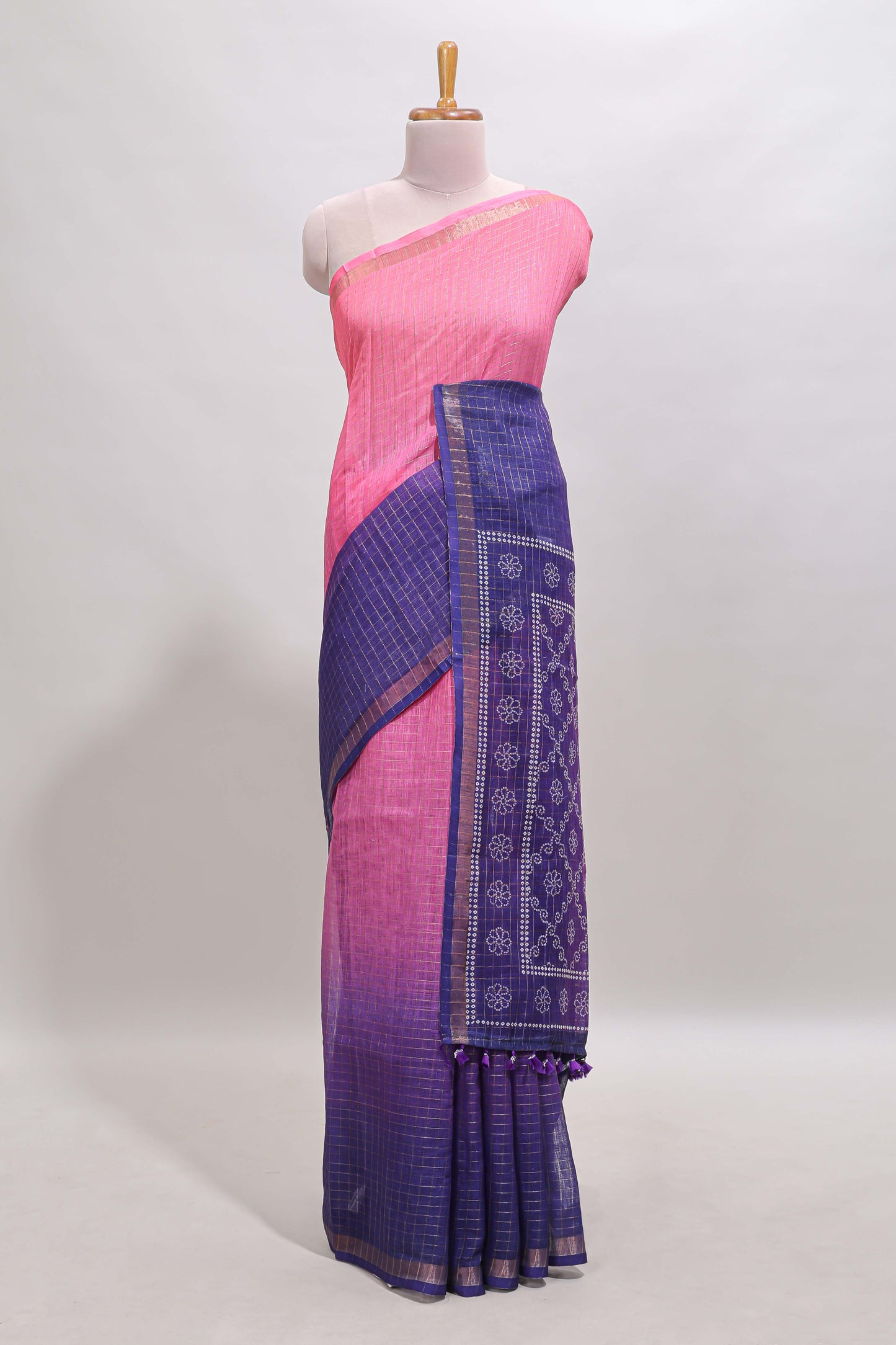 Pink & violet dual shade checked chanderi cotton saree with self zari border and blouse