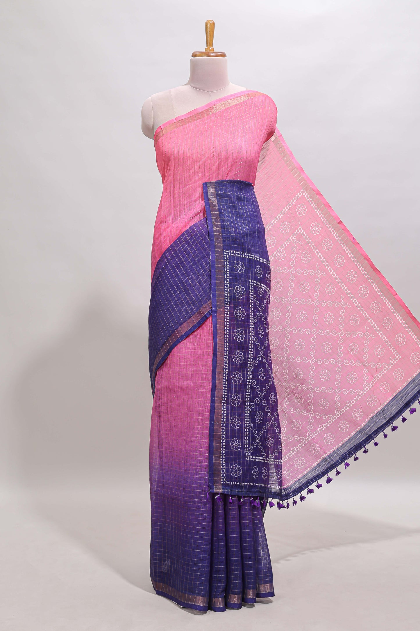 Pink & violet dual shade checked chanderi cotton saree with self zari border and blouse