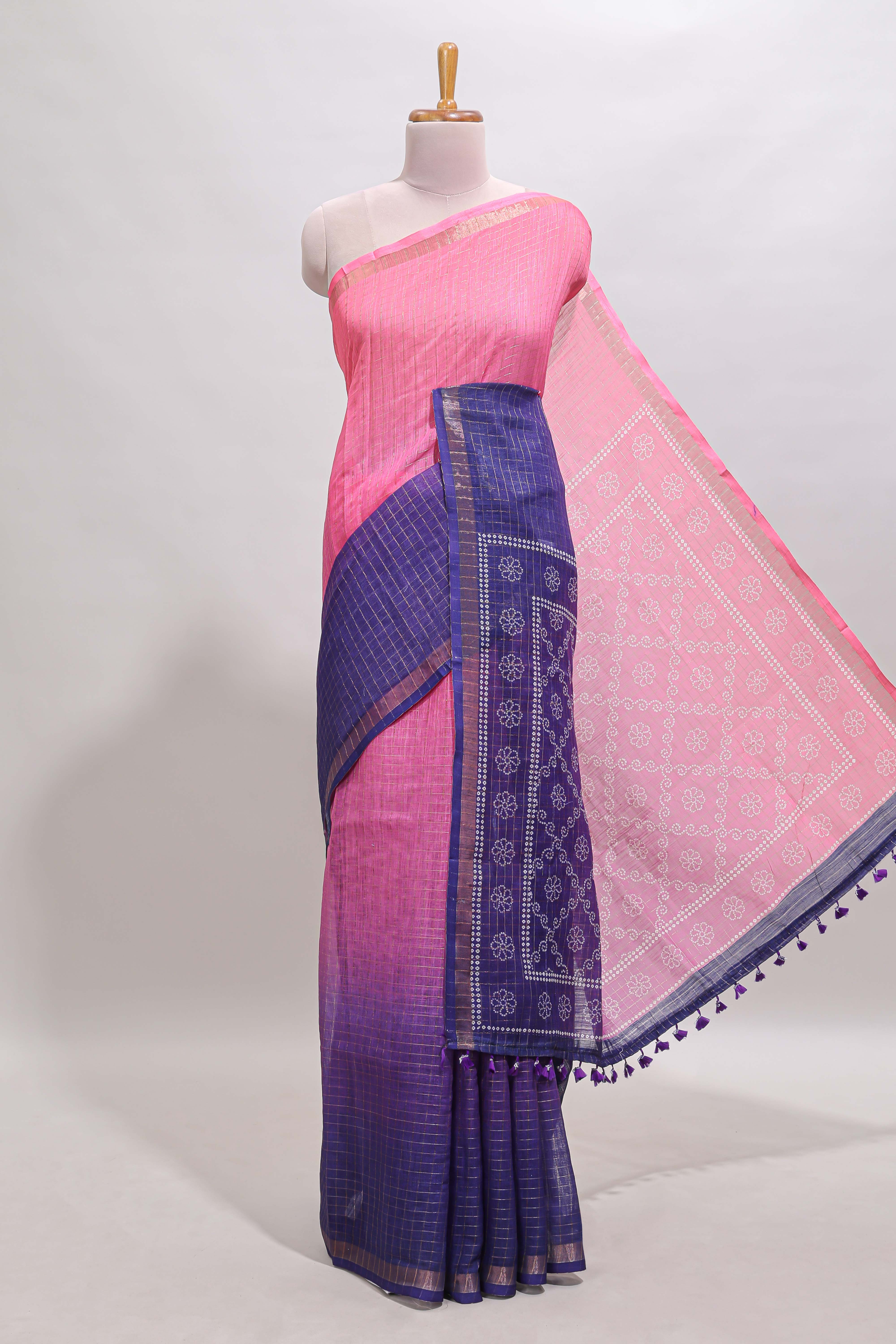 Pink & violet dual shade checked chanderi cotton saree with self zari border and blouse