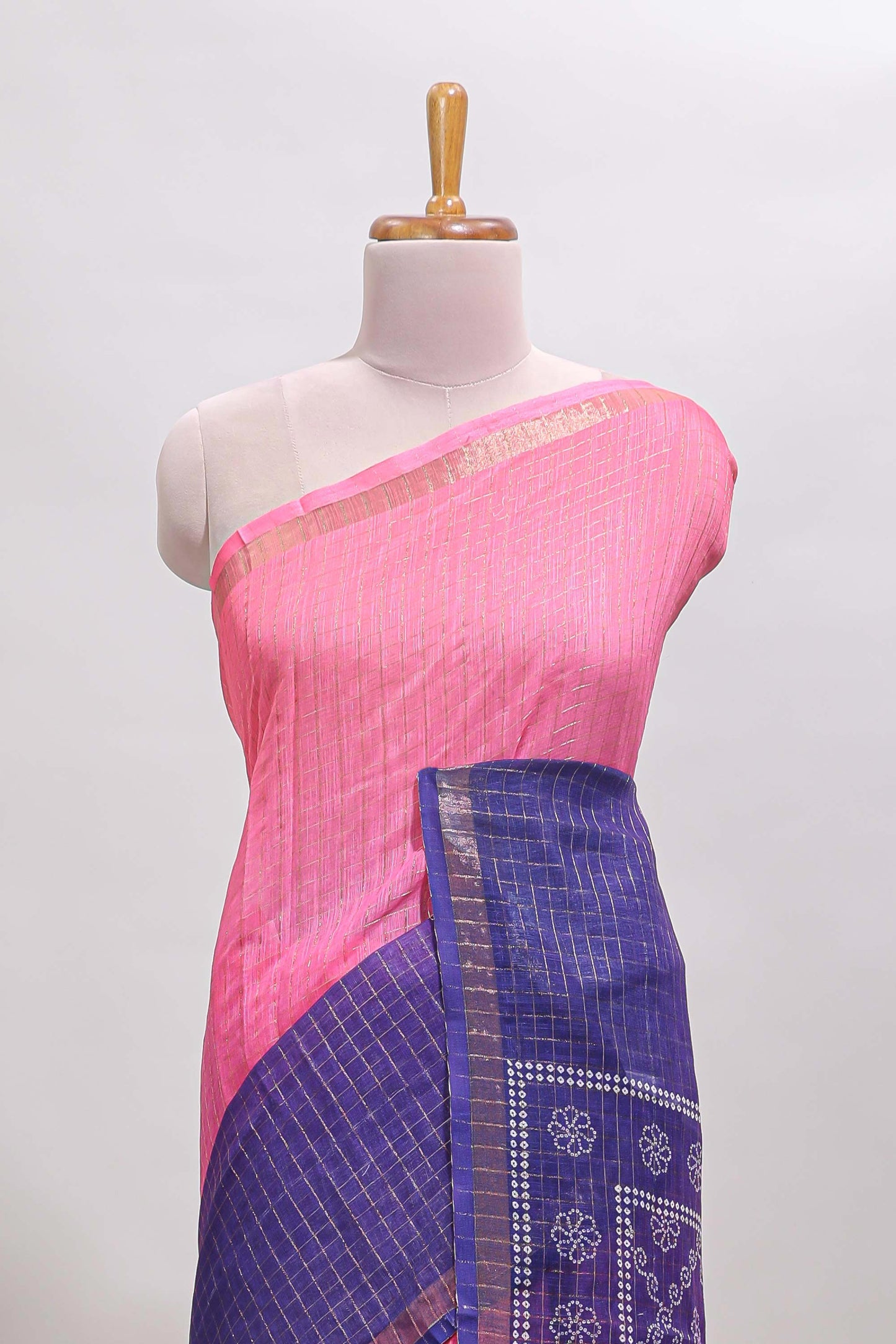 Pink & violet dual shade checked chanderi cotton saree with self zari border and blouse