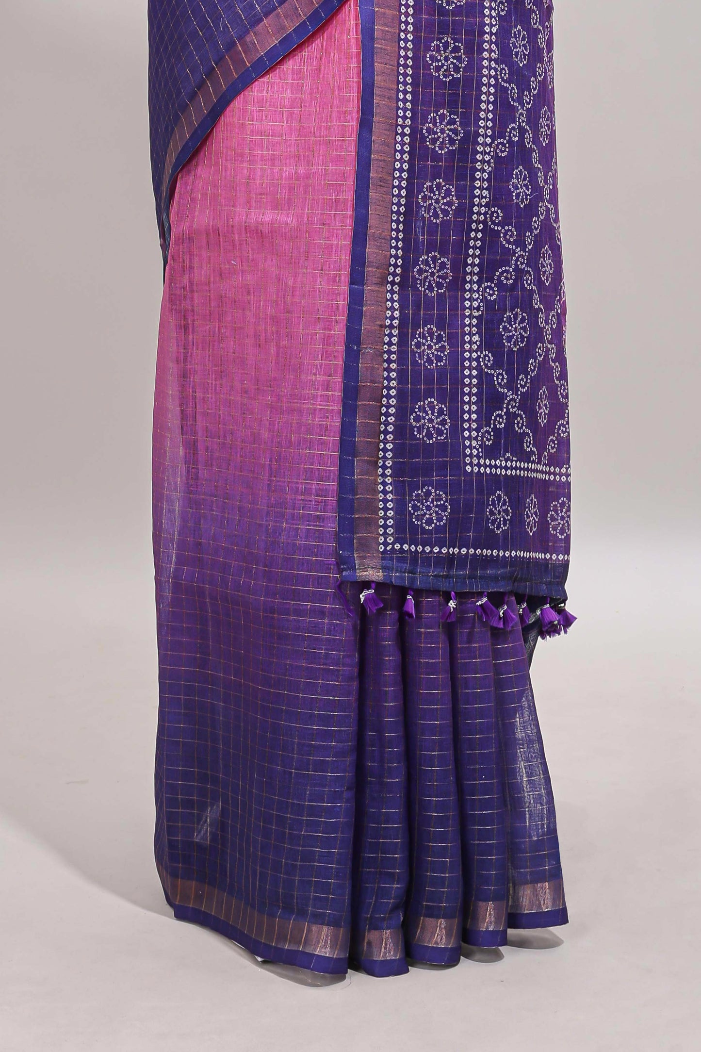 Pink & violet dual shade checked chanderi cotton saree with self zari border and blouse