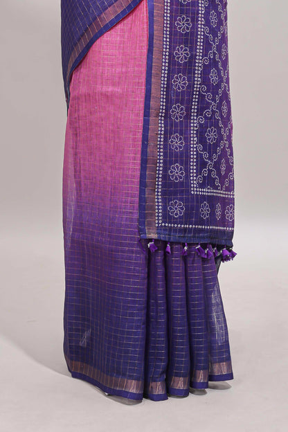 Pink & violet dual shade checked chanderi cotton saree with self zari border and blouse