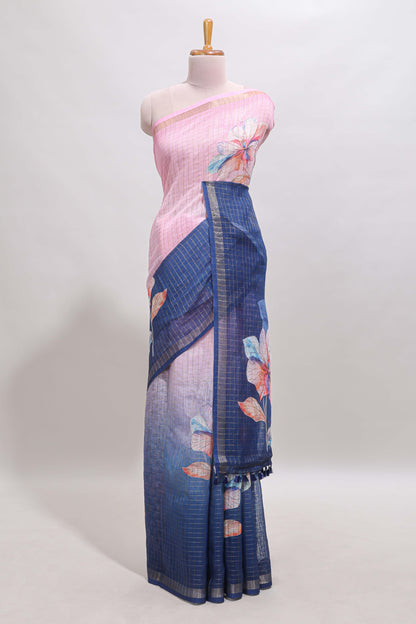 Pink & blue dual shade checked floral design chanderi cotton saree with self zari border and matching blouse