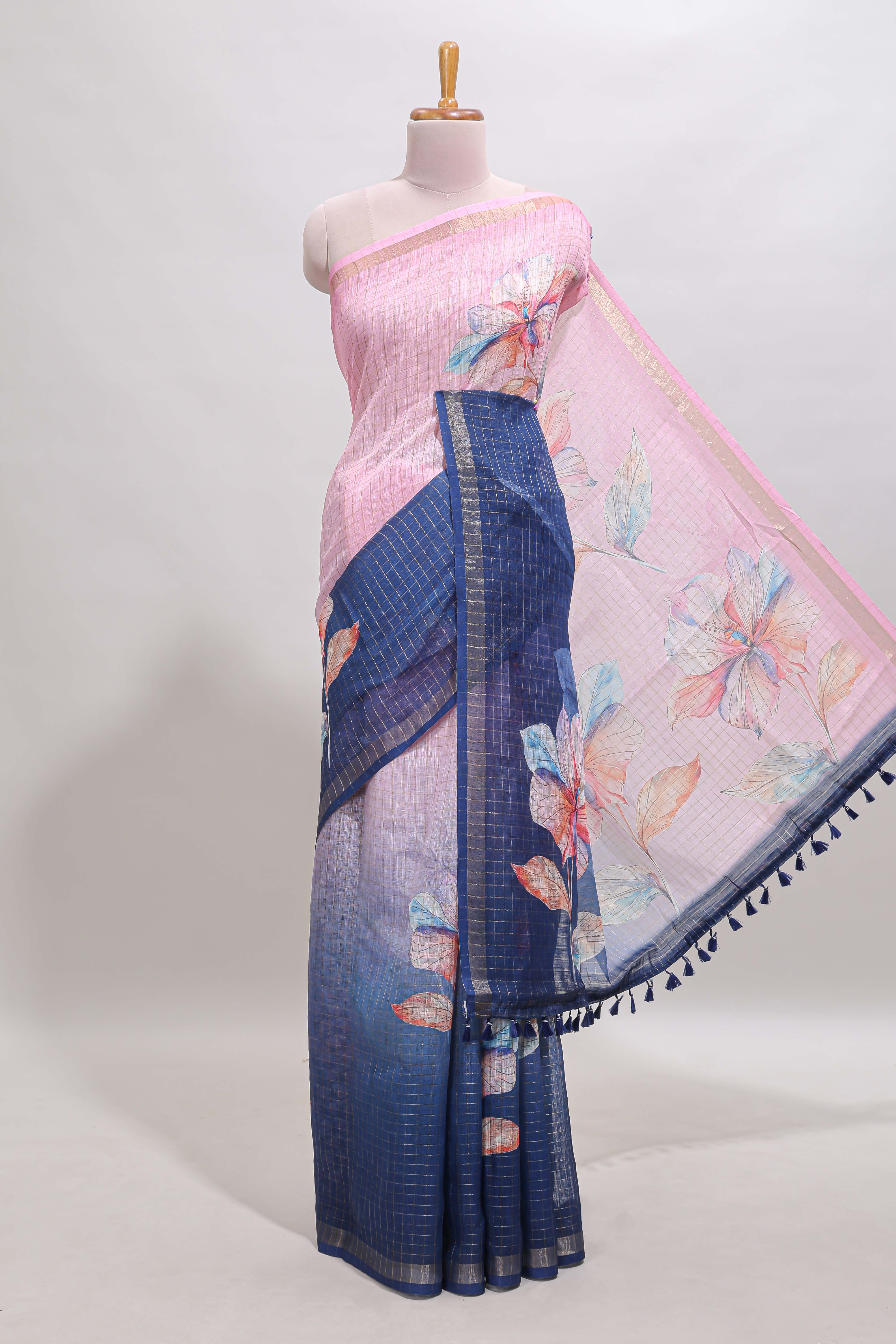 Pink & blue dual shade checked floral design chanderi cotton saree with self zari border and matching blouse