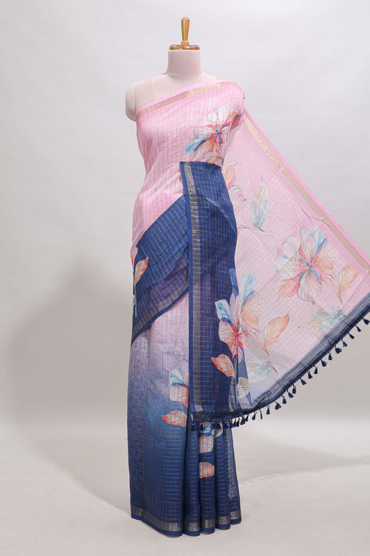 Pink & blue dual shade checked floral design chanderi cotton saree with self zari border and matching blouse