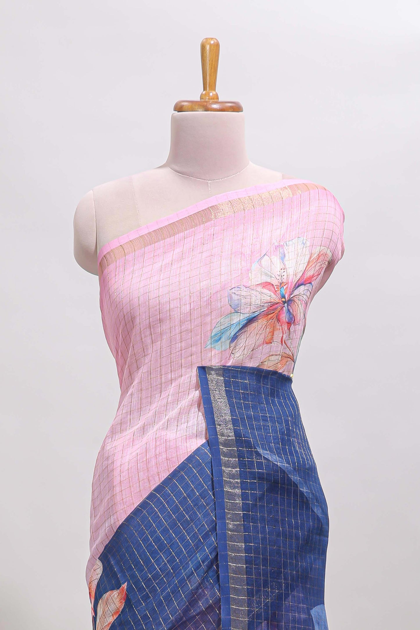 Pink & blue dual shade checked floral design chanderi cotton saree with self zari border and matching blouse
