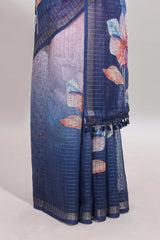 Pink & blue dual shade checked floral design chanderi cotton saree with self zari border and matching blouse
