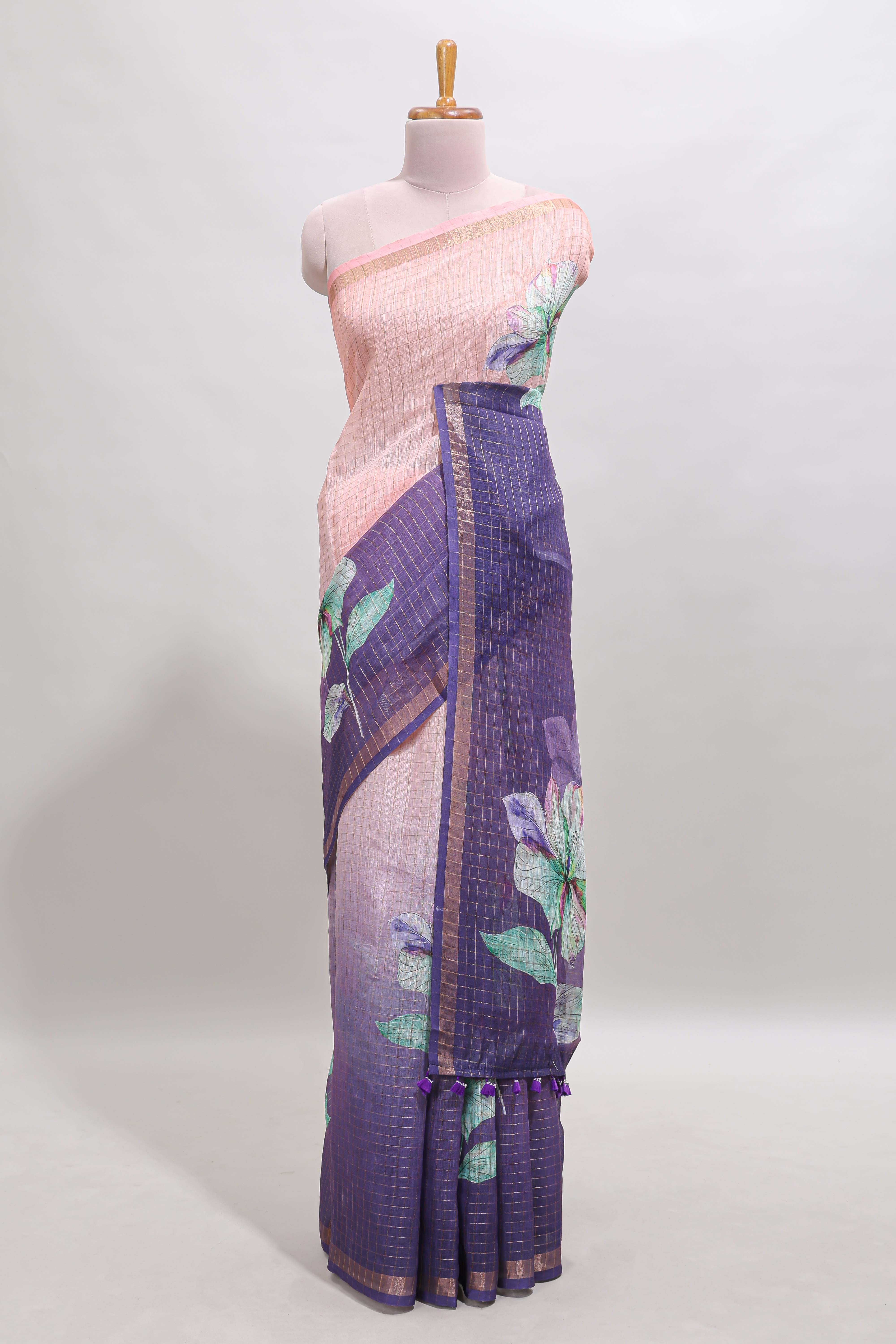 Pink & lavender dual shade checked floral design chanderi cotton saree with self zari border and matching blouse