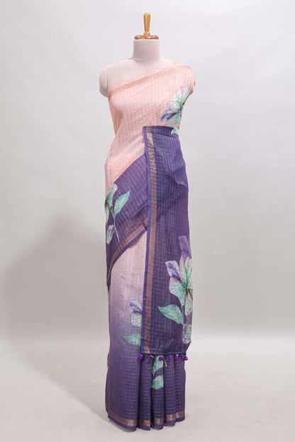 Pink & lavender dual shade checked floral design chanderi cotton saree with self zari border and matching blouse