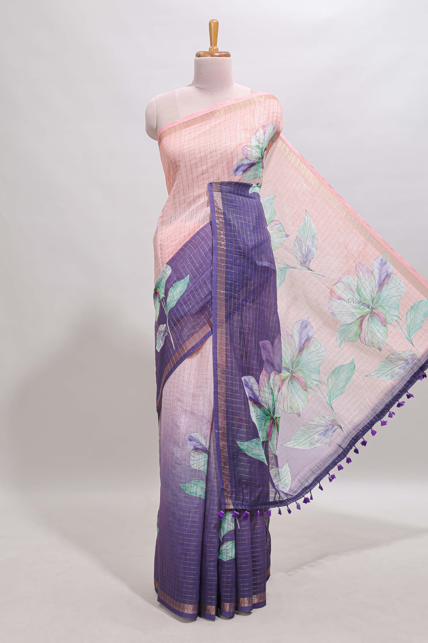 Pink & lavender dual shade checked floral design chanderi cotton saree with self zari border and matching blouse