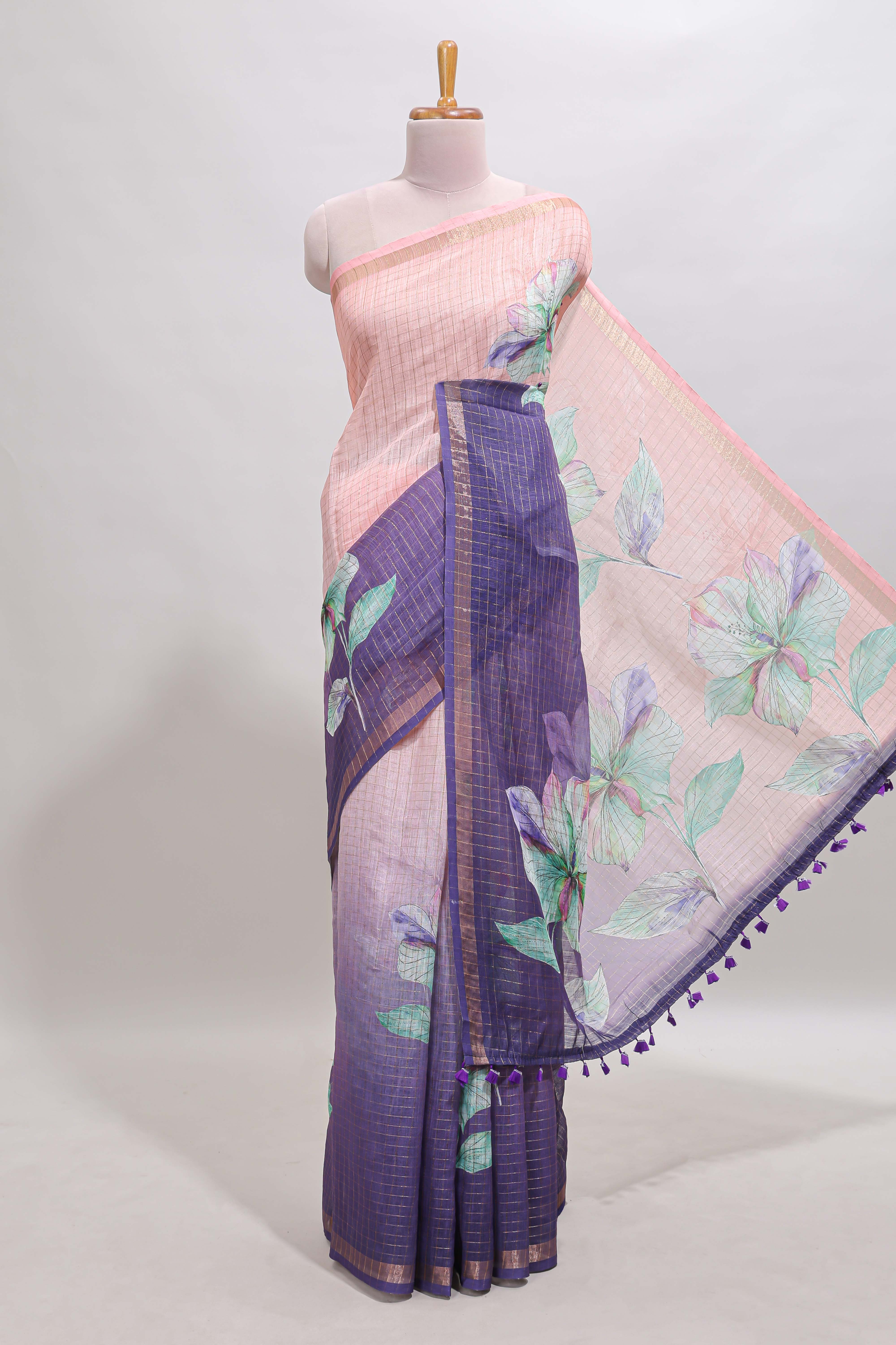 Pink & lavender dual shade checked floral design chanderi cotton saree with self zari border and matching blouse