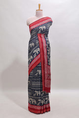 Blue geometric & elephant motif chanderi cotton saree with contrast border and chevron blouse