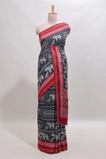 Blue geometric & elephant motif chanderi cotton saree with contrast border and chevron blouse
