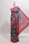 Blue geometric & elephant motif chanderi cotton saree with contrast border and chevron blouse