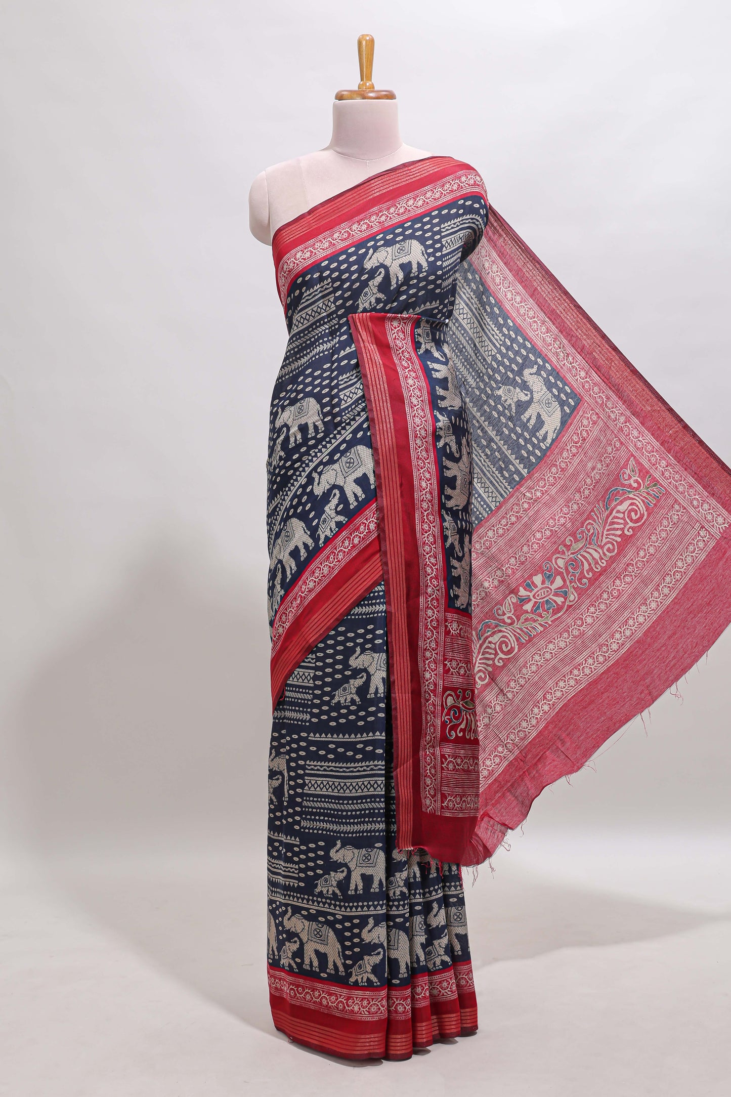 Blue geometric & elephant motif chanderi cotton saree with contrast border and chevron blouse