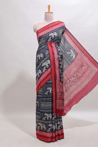 Blue geometric & elephant motif chanderi cotton saree with contrast border and chevron blouse