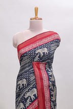 Blue geometric & elephant motif chanderi cotton saree with contrast border and chevron blouse