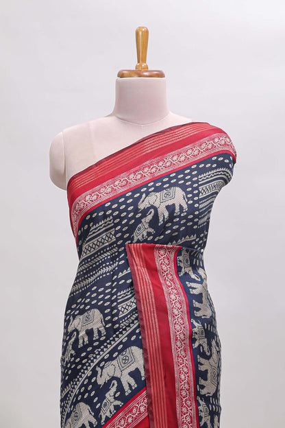 Blue geometric & elephant motif chanderi cotton saree with contrast border and chevron blouse