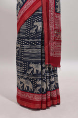 Blue geometric & elephant motif chanderi cotton saree with contrast border and chevron blouse
