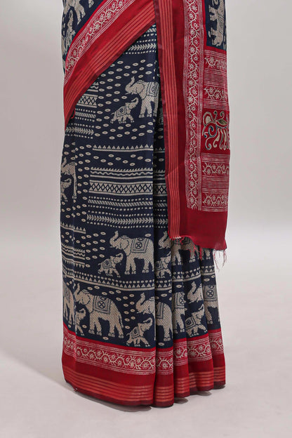 Blue geometric & elephant motif chanderi cotton saree with contrast border and chevron blouse