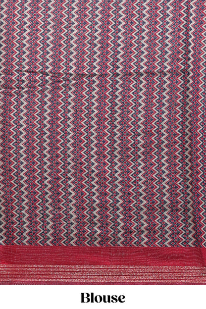 Blue geometric & elephant motif chanderi cotton saree with contrast border and chevron blouse