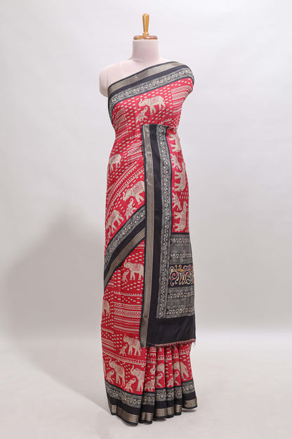 Red geometric & elephant motif chanderi cotton saree with contrast border and chevron blouse