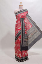 Red geometric & elephant motif chanderi cotton saree with contrast border and chevron blouse